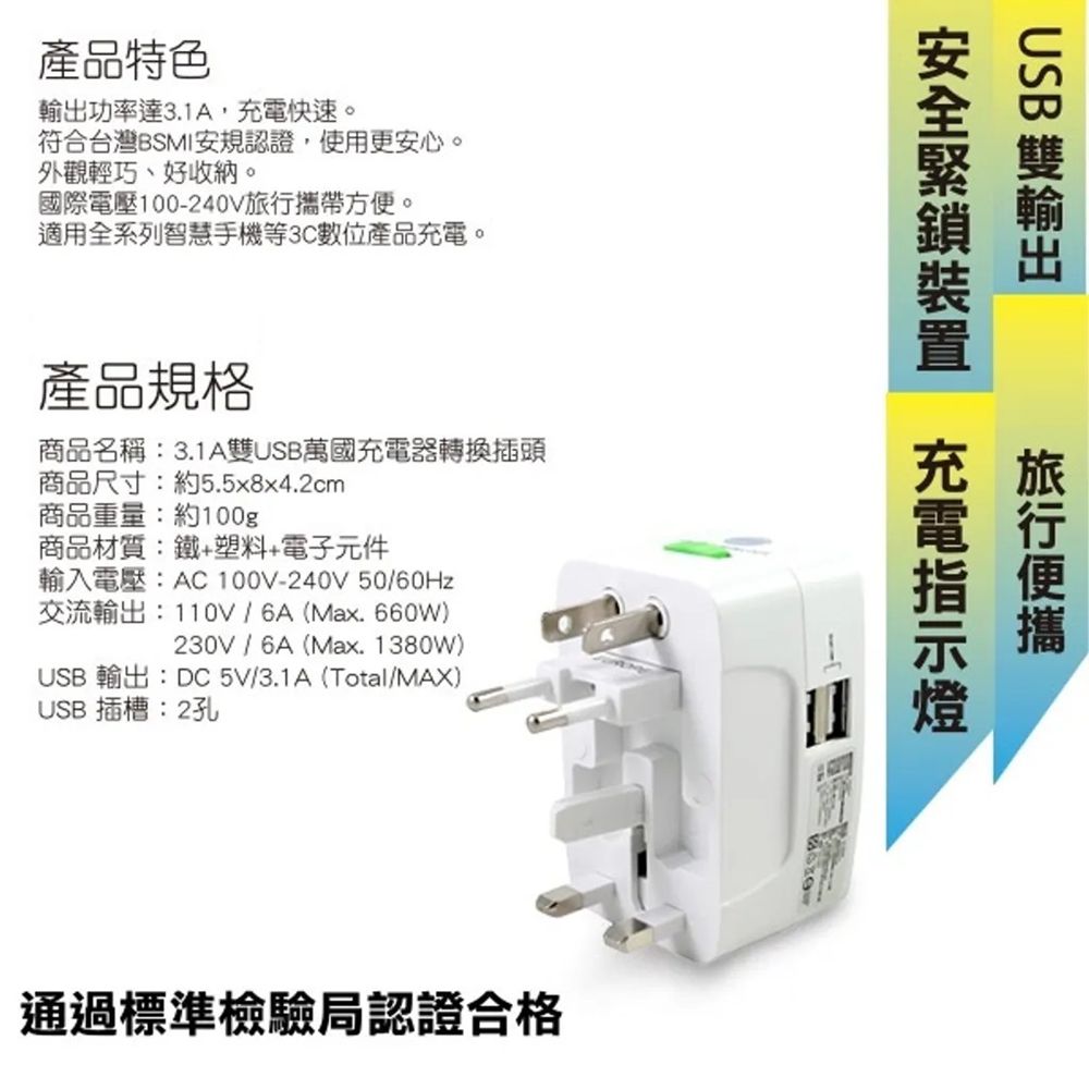  【EDSDS】國際電壓旅行萬國轉接頭 雙USB充電器 萬用旅行轉接頭 多國轉換插頭旅充(安全緊鎖裝置)