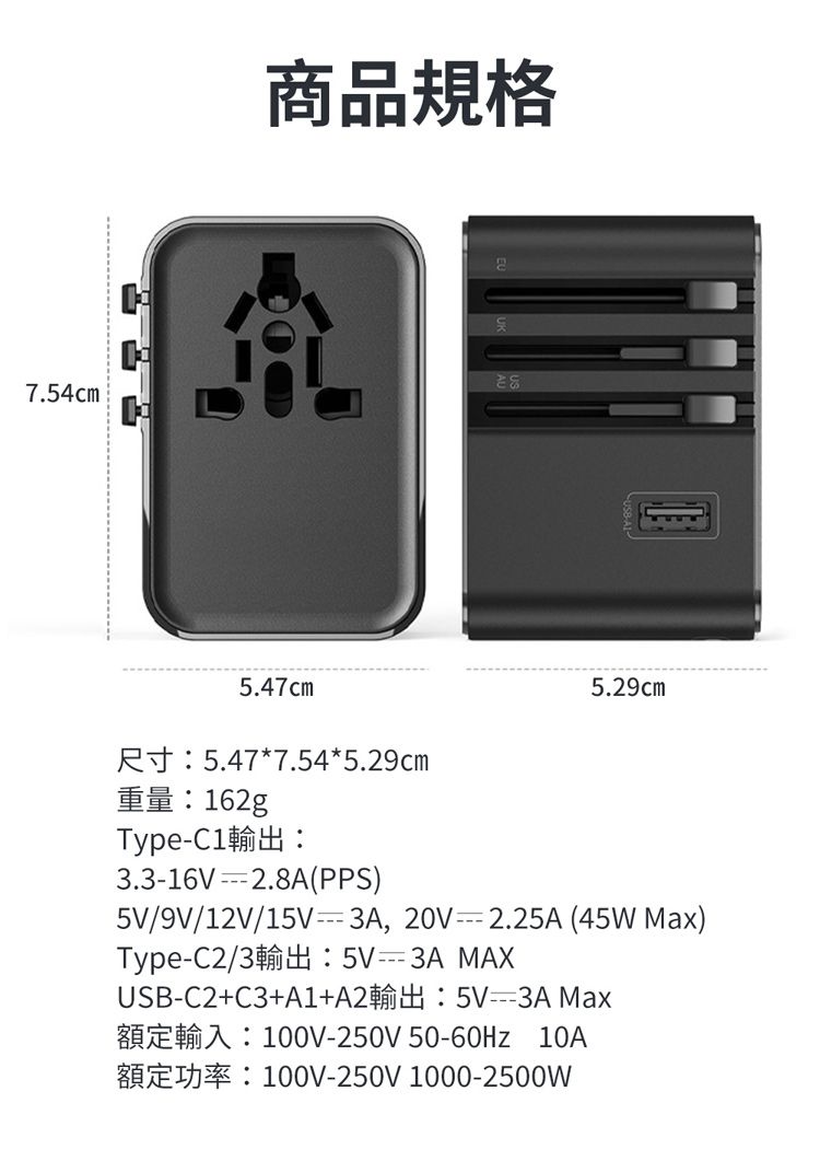 7.54cm商品規格5.47cm尺寸:5.47*7.54*5.29cm5.29cm重量:162gType-C1輸出:5V/9V/12V/15V3.3-16V2.8A(PPS)3A,20V-2.25A ( Max)Type-C2/3輸出: 5V-3A MAXUSB-C2+C3+A1+A2輸出:5V3A Max額定輸入:100V-250V 50-60Hz 10A額定功率:100V-250V 1000-2500W