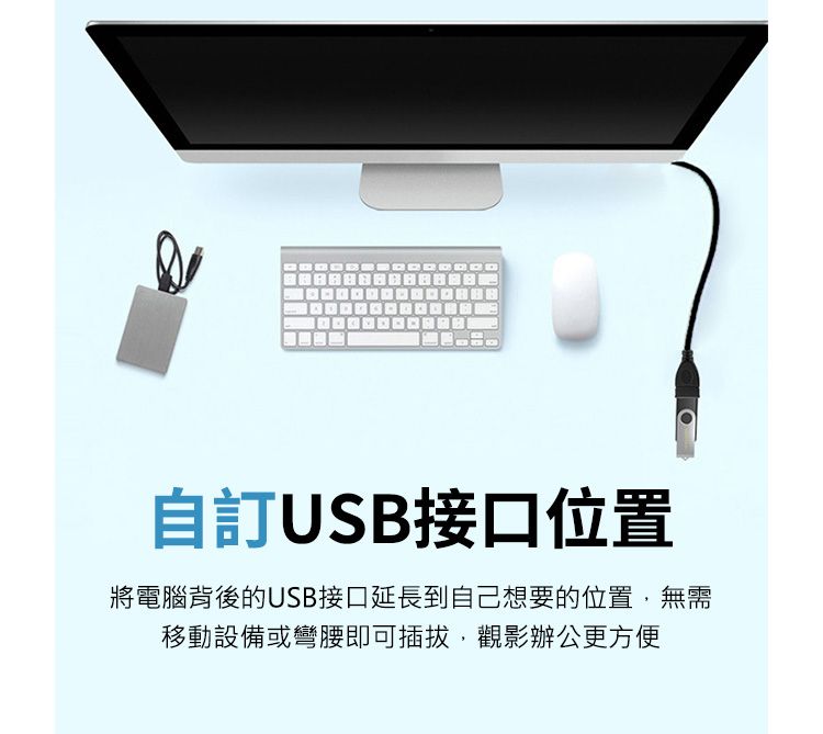 自訂USB接口位置將電腦背後的USB接口延長到自己想要的位置無需移動設備或彎腰即可插拔,觀影辦公更方便