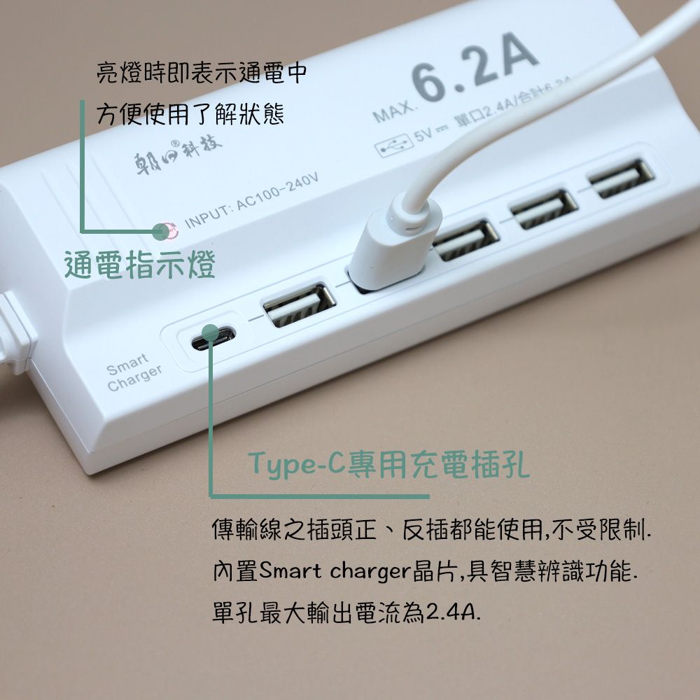  【朝日科技】USB攜帶式智慧快充延長線 防過載防火USB延長線 1.5米(Type-A*5+Type-C*1)