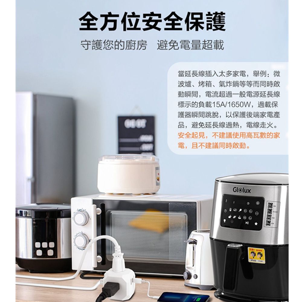 Glolux   3插座USB延長線 PD延長線-1.5M