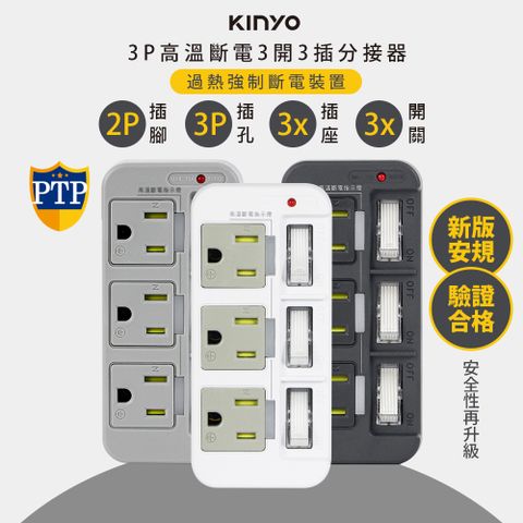 【KINYO】3P3開3多插頭分接器/分接式插座 (GI-333)高溫斷電/多色任選