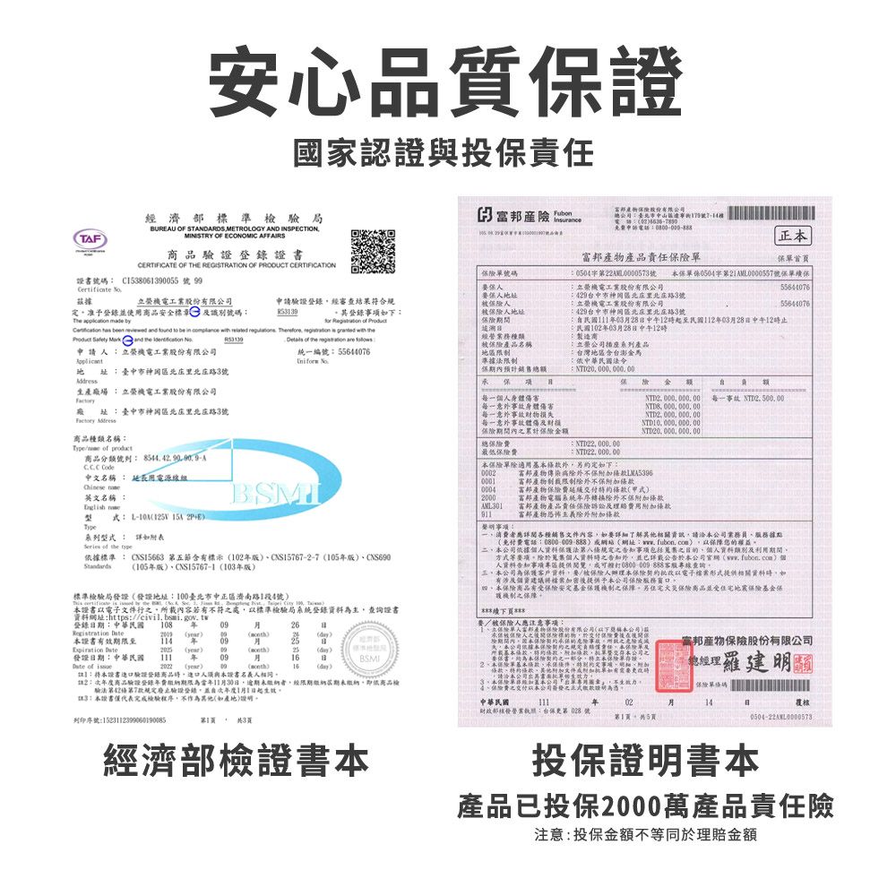 安心品質證國家認證與投責任TAF濟部標準檢驗局BUREAU OF STANDARDS METROOGY AND INSPECTIONMINISTRY OF ECONOMIC 品驗證證書CERTIFICATE OF THE REGISTRATION OF PRODUCT CERTIFICATION證書碼 C806390055  99 富邦Fubon富邦產物股份限號免費電話正富邦產物產品責任首號碼號 單050第AML0000557號保單保保機電工業股份有限公司55644076據機電工業股份有限公司定准予登錄使用安全標章 及識別號碼Th   申請驗證登錄經審查結果符合規保址49中市北北路3號榮機電工業股份有限公司55644076登錄事項   人地址429台中市神區北北路3號保險期間經務種類民國28中午12民國1120328中午12止民國1020328日中午12時      to be in                申請人立榮機電工業股份有限公司地 址 臺中市神岡區北庄里北庄路3號Address of     統一編號55644076 產場立榮機電工業股份有限公司廠址臺中市神岡區北庄里北庄路3號 商品種類名稱保險產品名稱準據法限制保預計銷售總額保每一每一意外身傷害每一意外财物损失每一意外事故體傷及保險期間內累計保險金額製造商;立公司插座系產品台灣地區金馬中華民國法令NTD20 000 000 金額NTD200000000NTD1000000000NTD20 000 000 00每一事故 NTD00 00e of 商品分類號列: 中文名稱 : 延長用電源線組 英文名稱::L-10 15A2P+EType系列型: Series of the 依據標準:CNS15663 第五節含有標示102CNS15767-2-7 105版105年版CNS15767-1103年版標準檢驗局發地址:臺北市中正區濟南路1段4號     the           100證書以電子行之所內容若有符之處以標準檢驗局系統登錄主,查詢證書料址:https:civil.bsmi.gov.tw登錄日期:中華民國Registration 本證書有效期限至 108  114 年 年 0926日2525)發證日期:中華民國2022 年 09)月BSMI09()16 of 1:本證書驗證登錄商品時,人須與本證書名義人相同2:商品驗證登錄年費繳納期限為當年11月30日,逾期未繳納者,經繳納期未繳納,即依商品檢驗法第42第7款規定廢止驗證登錄,年度1月1日起3:本證書代表完檢驗程序,不作為(產地)列印序號:1523112399060190085 第1(3總最低:: 本保險單除適用基本外,另約定如下:0002富邦產物傳染病除外不保富邦產物制裁限制除外不保條款0004富邦產物保險費特約條款(式)2000富邦產物電腦系統年序除外不保條款AML301 富邦產物產品責任保險訴訟及費用附加條款聲明事項:富邦產物恐怖主義除外附加條款消費者應詳閱各種銷售文件內容,如要詳細了解相關,請洽本公司業務員服務據點(免付費電話:)或網站(網址:),以保障您的權益二本公司依據人資料保護法第八條規定之告知事項包括之人資料類別及利用期間方式等要項除於蒐集個人資料時之告知外,並已詳載公告於本公司網(. )個人資料告知事項提供閱覽,成可0800-009-888專線查詢三。本公司為保護客戶資料,要/被保險人辦理本保險契約批改以電子檔案形式提供相關資料時,如(有涉及個資檔案加密提供本公司保險服務窗口。。本保險商品有保險安定基金保護機制之保障。另保險商品並受地震保險基金保護機制之保障。續下要/被保險人應注意事項:2承體被保險人之保險物,於交付保險費後在後保條款、條款、其他附加文件成附加需要改時3、本保險單經本公司單,不生。4、保險費之交付公司之正式為。-富邦產物保險股份有限公司總經理羅建明保險單中華民國111年財政部核發營業:台保更第號02月14第1。 將5頁覆核經濟部檢證書本投保證明書本產品已投保2000萬產品責任險注意:投保金額不於金額