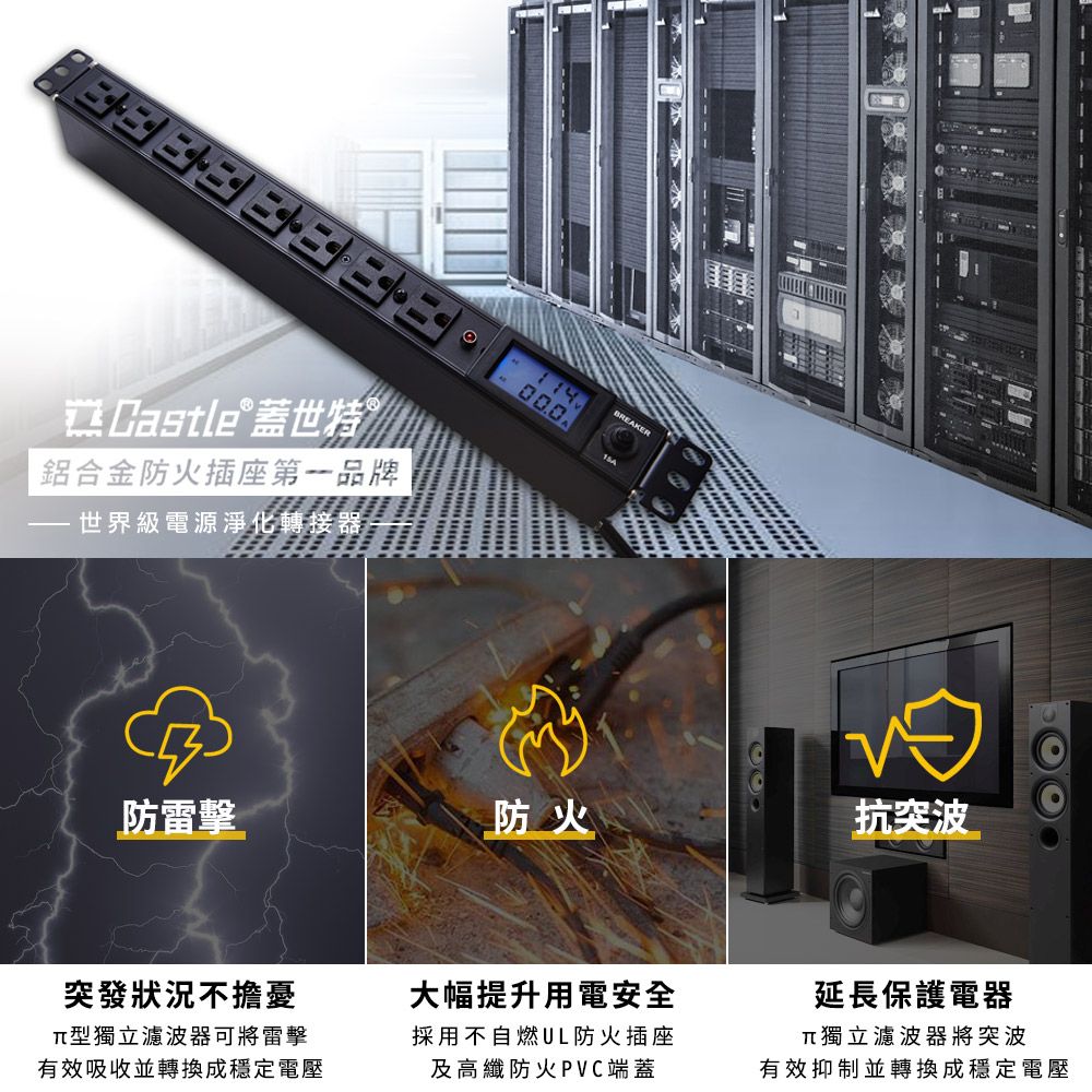 Castle 蓋世特鋁合金防火插座第一品牌世界級電源淨化轉接器BREAKER防雷擊防火抗突波突發狀況不擔憂型獨立濾波器可將雷擊有效吸收並轉換成穩定電壓大幅提升用電安全採用不自燃UL防火插座及高纖防火PVC端蓋延長保護電器獨立濾波器將突波有效抑制並轉換成穩定電壓
