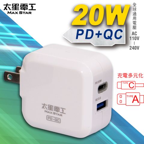 Maxstar 太星電工 20W智慧高速充電器 (PD+QC)