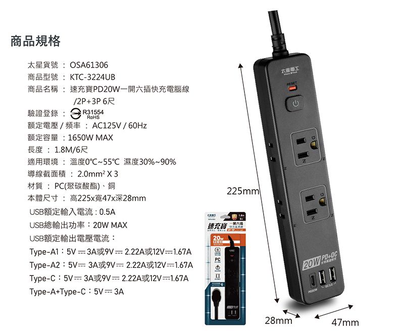 商品規格太星貨號: OSA61306商品型號:KTC3224UB商品名稱:速充寶PDW一開六插快充電腦線2P3P6尺驗證登錄: R31554RoHS額定電壓/頻率:AC12/60Hz額定容量:1650W MAX長度:1.8M/6尺適用環境 : 溫度0℃~55℃ 濕度30%~90%導線截面積:2.0mm²X3材質:PC(聚碳酸酯)、銅本體尺寸:高225x寬47x深28mmUSB額定輸入電流:0.5AUSB總輸出功率: MAXUSB額定輸出電壓電流:TypeA1:5V3A或9V2.22A或1.67AType-A2:5V=3A或9V-2.22A或12V=1.67AType-C:5V-3A或9V=2.22A或12V1.67AType-A+Type-C:5V=3A速充20/225mm20W+28mm47mm