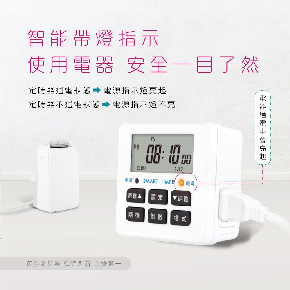 智能帶燈指示使用 安全一目了然定時器狀態 電源指示燈定時器不通電狀態 電源指示燈不亮CLOCKTU AUTOSMART TIMER 通電重置調整設定 ▼調整隨機 倒數 模式智能定時器 領導創新 台灣第一電器通電亮起