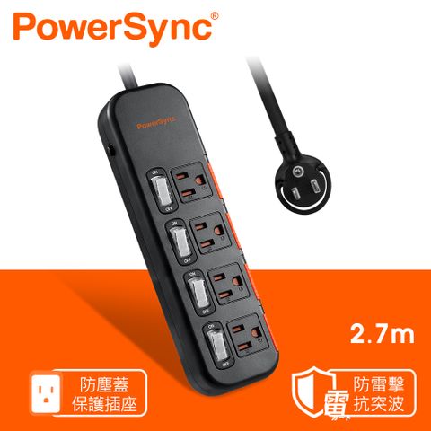 群加 PowerSync 四開四插滑蓋防塵防雷擊延長線/2.7m(TS4X0027)
