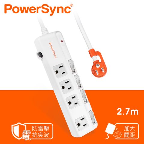 群加 PowerSync 四開四插斜面開關防雷擊延長線/2.7m(TPS344BN9027)