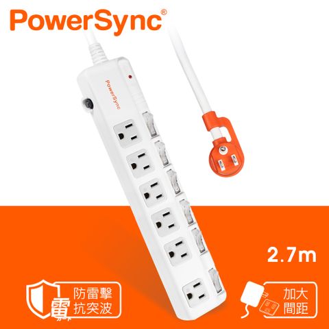 群加 PowerSync 六開六插斜面開關防雷擊抗搖擺延長線/2.7m(TPS366BN9027)