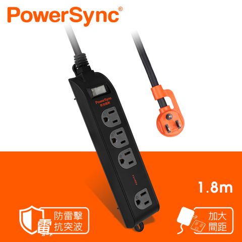 群加 PowerSync 3P 1開4插加大距離防雷擊延長線(固定掛孔)/黑色/1.8M(TS4WF118)