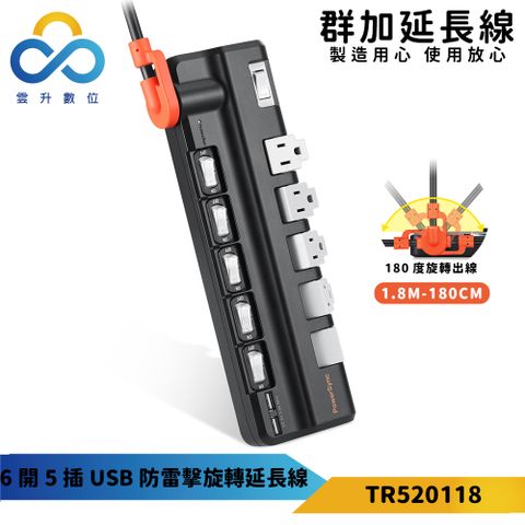 【PowerSync 群加】6開5插2埠USB防雷擊抗搖擺旋轉延長線-90度旋轉插座-專利旋轉出線-黑色-1.8m-TR520118