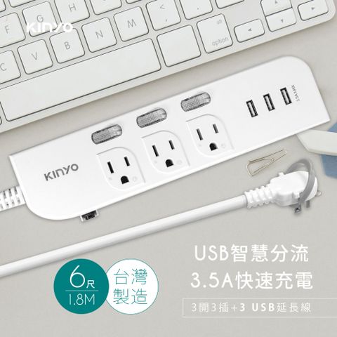★簡單享受 質感生活【KINYO】3開3插三USB延長線_3PIN_1.8M CGU333-6
