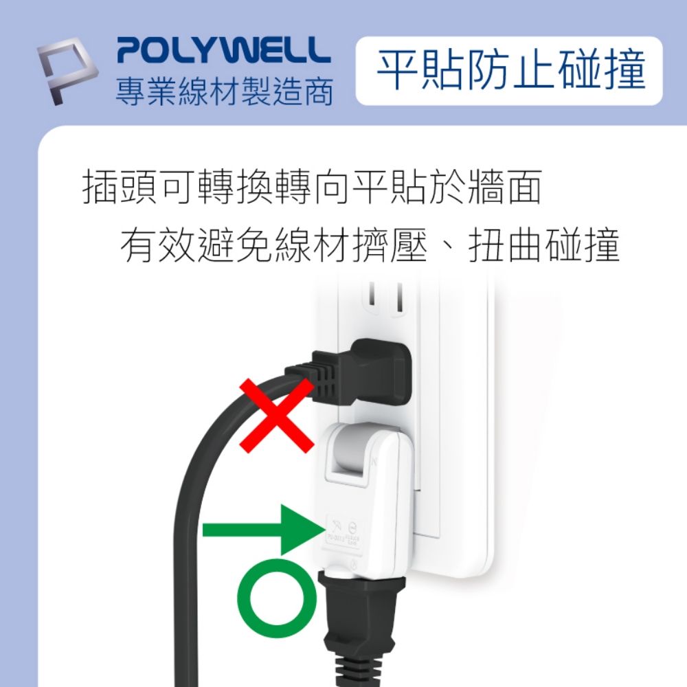 POLYWELL 寶利威爾 可轉向平貼式轉接插頭 2P