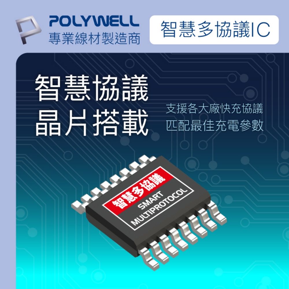 POLYWELL專業線材製造商智慧協議晶片搭載智慧多協議IC支援各大廠快充協議匹配最佳充電參數智慧多協議SMARTMULTIPROTOCOL