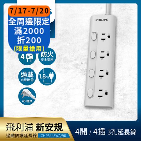PHILIPS 飛利浦4開4插電源延長線 1.8M - CHP3445WA/96