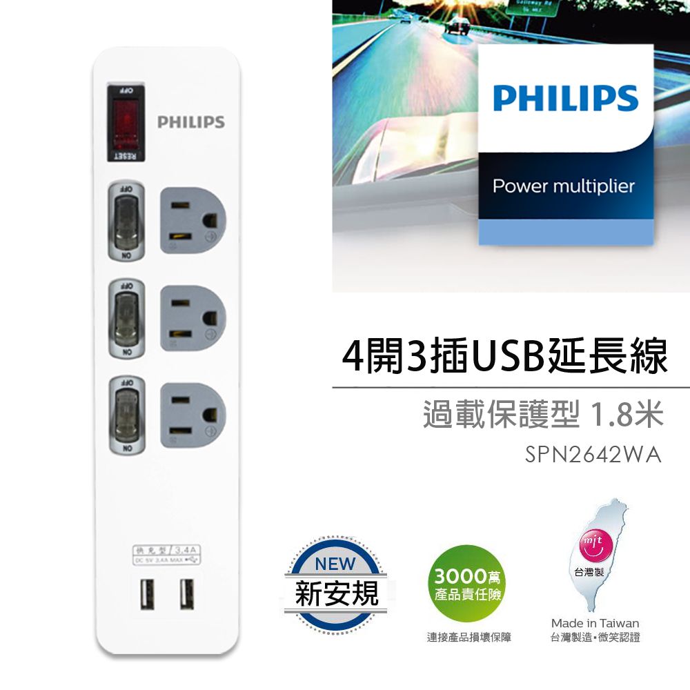 PHILIPS 飛利浦 新安規 4開3插USB延長線 SPN2642WA/96 (1.8米) 白色