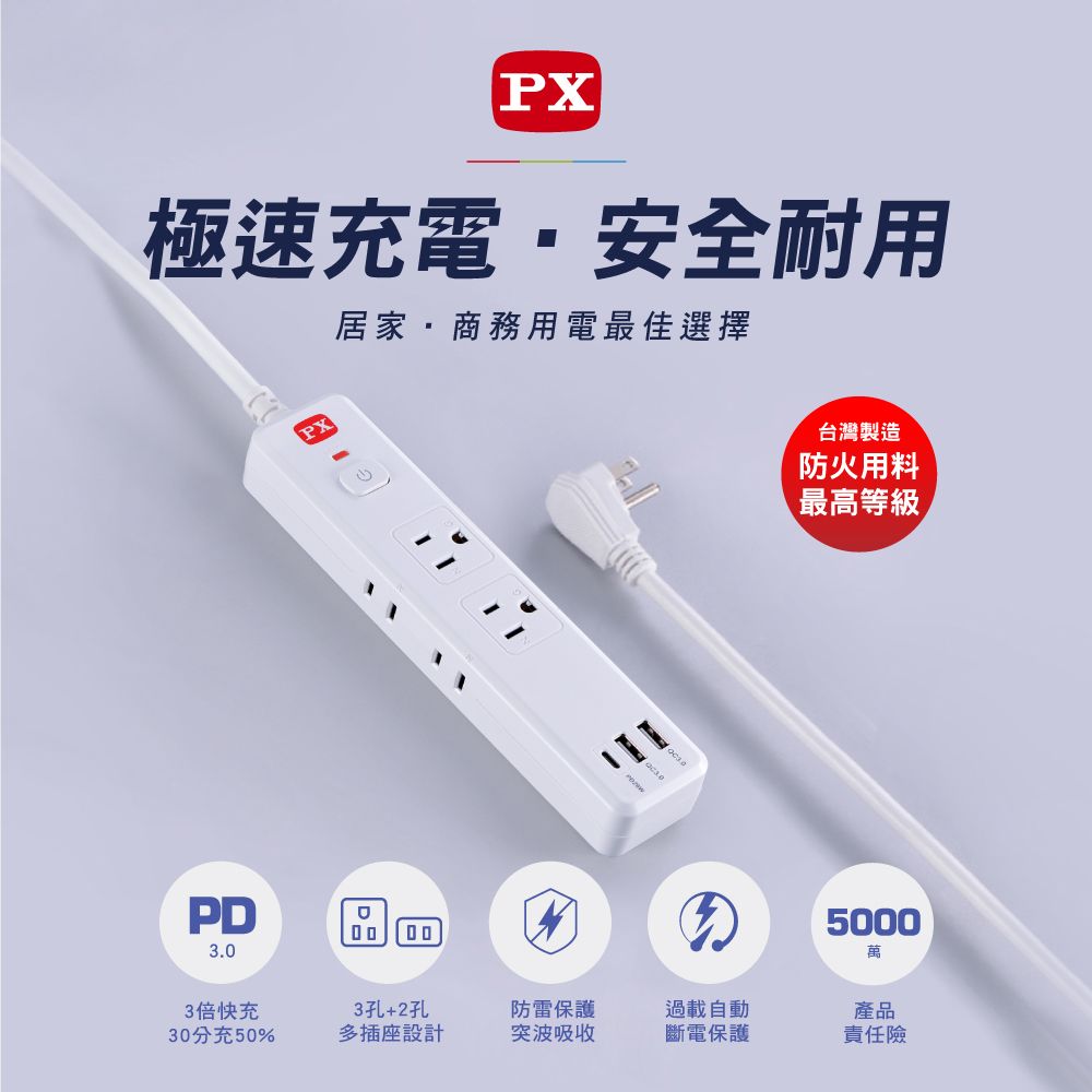 PX極速充電·安全耐用居家商務用電最佳選擇P3.0D0000台灣製造防火用料最高等級5000萬3倍快充3孔+2孔防雷保護過載自動產品30分充50%多插座設計突波吸收斷電保護責任險