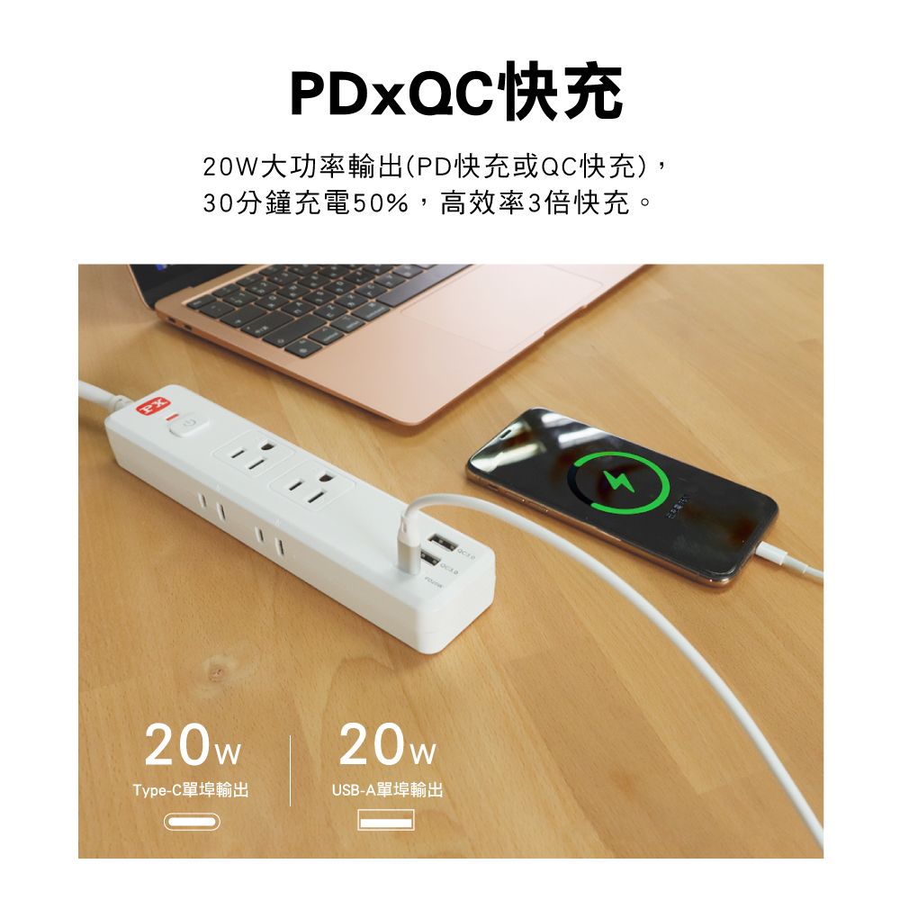 PDxQC快充20W大功率輸出(PD快充或QC快充),30分鐘充電50%,高效率3倍快充。Type-C單埠輸出USB-A單埠輸出