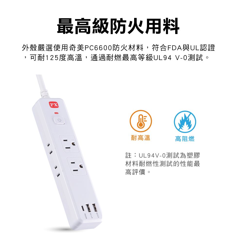 最高級防火用料外殼嚴選使用奇美PC6600防火材料,符合FDA與UL認證可耐125度高溫,通過耐燃最高等級UL94 V-0測試。PX耐高溫高阻燃註:UL94V-0測試為塑膠材料耐燃性測試的性能最高評價。
