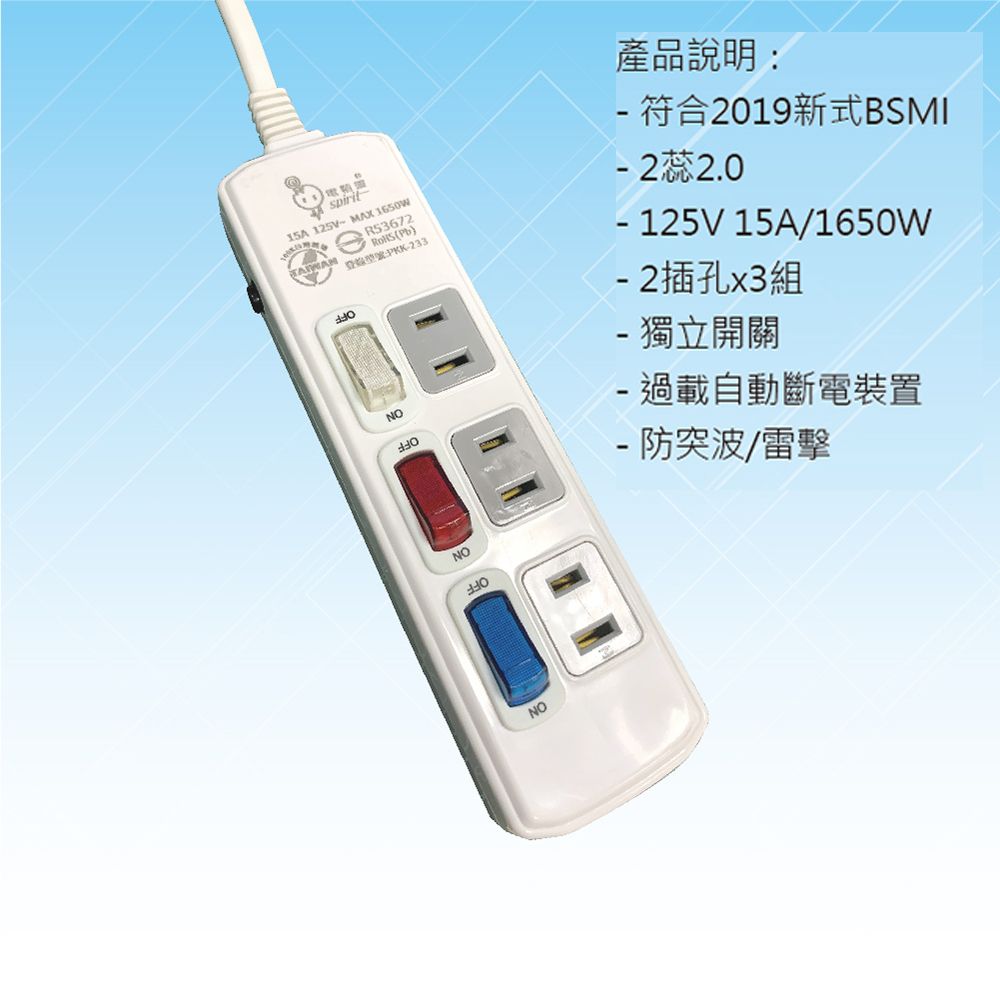 15A125V 165W0:PKK233NONO產品說明: 符合2019新式BSMI- 2蕊2.0- 125V 15A/1650W- 2插孔x3組- 獨立開關- 過載自動斷電裝置- 防突波/雷擊NO