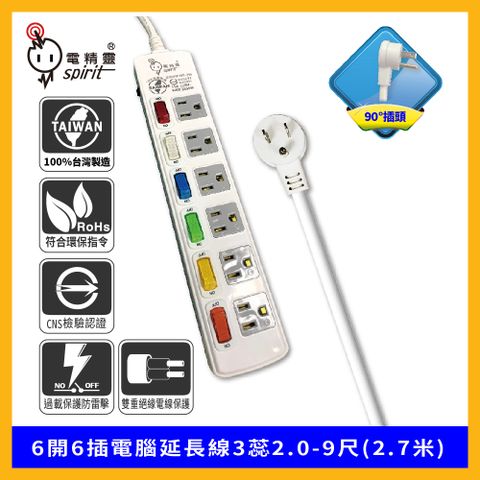 spirit 電精靈  6開6插電腦延長線3蕊2.0-9尺(2.7米)