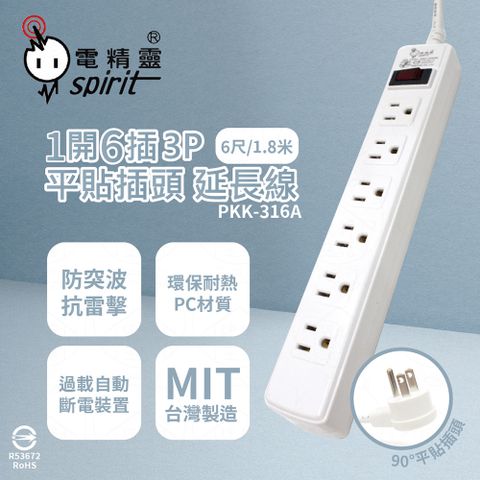 spirit 電精靈 台灣製 PKK-316A 6尺 1.8米 1開6插3P 平貼插頭 插座 電腦延長線