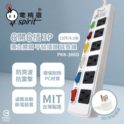 spirit 電精靈 台灣製 PKK-366D 15尺 4.5米 6開6插 3P 獨立開關 插座 電腦延長線