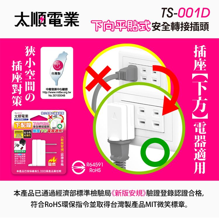 太電業狭小空間のmit台灣製中衛發展中心驗證http://www.mittw.org.twNo.3000048太順電業 配線全1 安全轉接插頭(插方電器TS-001D下平貼式安全轉接插頭阻燃安本產品已投保最高5,000萬產品責任險 R64591插座【本產品已通過經濟部標準檢驗局《新版安規》驗證登錄認證合格,符合RoHS環保指令並取得台灣製產品MIT微笑標章。