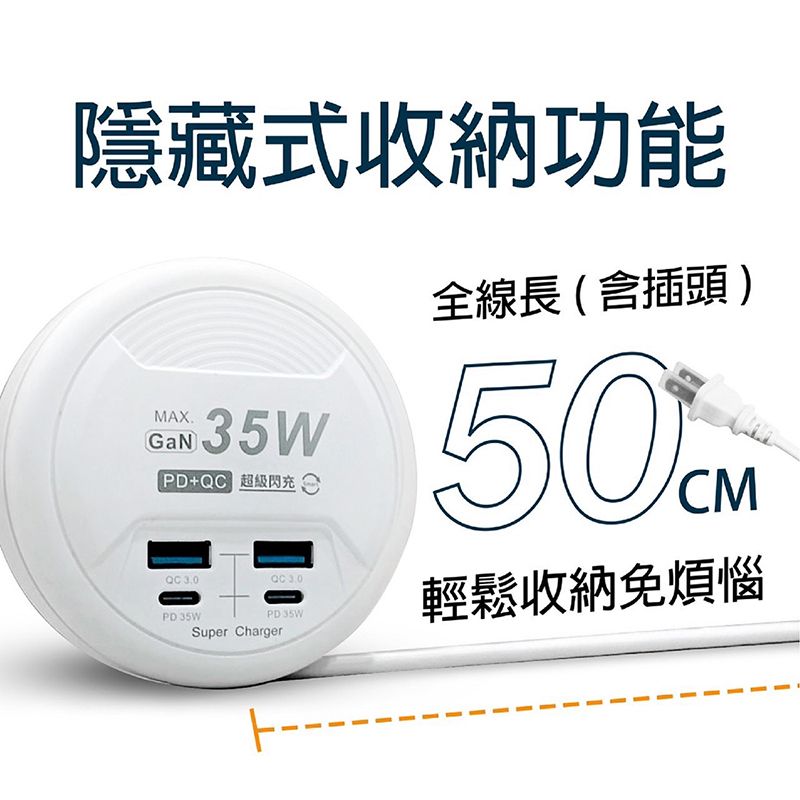 Palladium 35W超級閃充電源供應器 50公分 圓盤收納充電器(2孔Type-C+2孔USB)