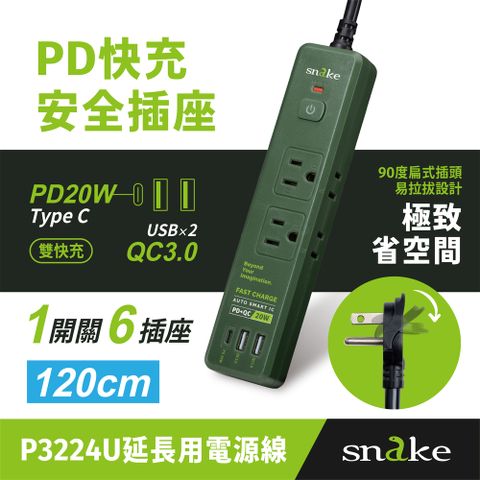 【Snake 蛇吞象】1開6插 PD快充 防雷擊安全電源延長線 1.2米 軍綠色（Type-C+ USB-A/PD+QC/15A 1650W）