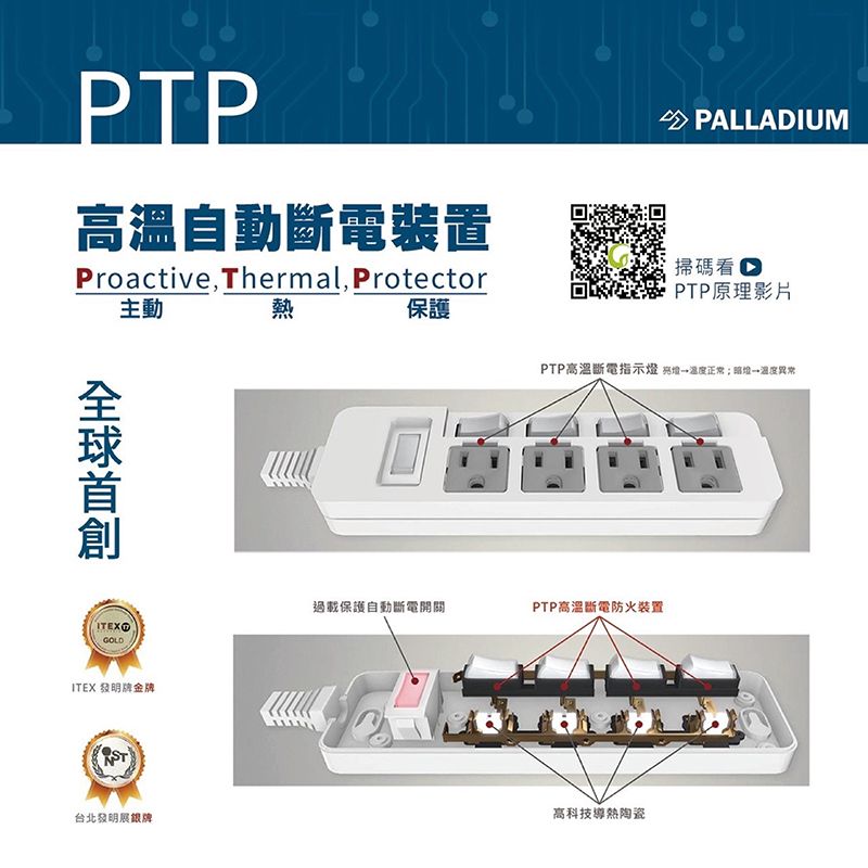 PTP自動斷電裝置Proactive,Thermal, Protector主動熱保護PALLADIUM掃碼PTP原理影片GOLDITEX 發明牌金牌ST台北發明展銀牌PTP高溫斷電指示 →温度正常;燈→温度異常過載保護自動斷電開關PTP高溫斷電防火装置高科技導熱陶瓷