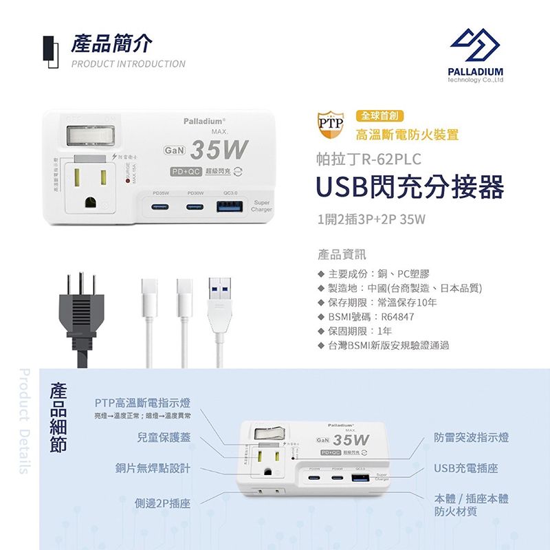 Product Details產品簡介PRODUCT INTRODUCTION□PALLADIUMTechnology Co全球首創PTP.高溫斷電防火裝置 35WM  PTP高溫斷電指示亮燈温度正常燈→溫度異常兒童保護蓋銅片無焊點設計側邊2P插座帕拉丁R-62PLCUSB閃充分接器SuperCharger1開2插3P+2P35W產品資訊主要成份:銅PC塑膠製造地:中國(台商製造、日本品質)保存期限:常溫保存10年BSMI號碼:R64847保固期限:1年台灣BSMI新版安規驗證通過PalladiumMAXGaN 35WM 防雷突波指示燈USB充電插座本體/插座本體防火材質