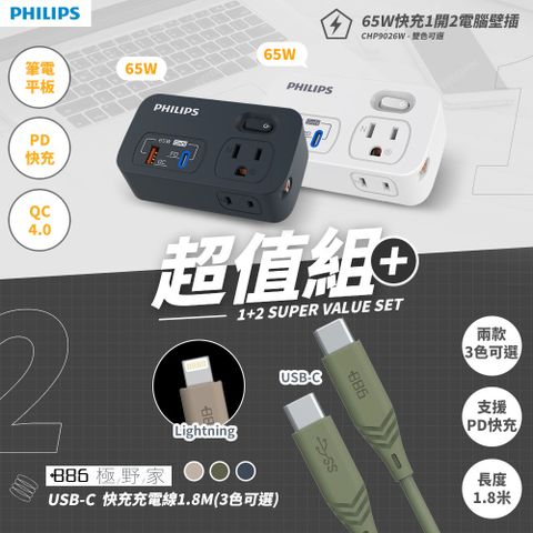 PHILIPS飛利浦 超值組 一開二 65W PD多功能壁插轉接器+Lightning快充線 (CHP9026+快充線-顏色隨機)