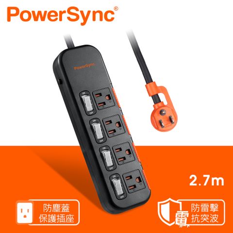 群加 Powersync 4開4插滑蓋防塵防雷擊延長線/2.7m/黑色(TS4DC427)