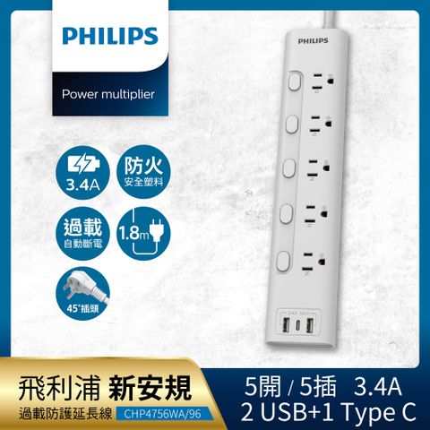 【Philips 飛利浦】新安規 5開5插 3.4A 2USB+Type C延長線1.8米-CHP4756
