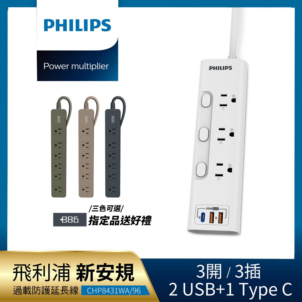 PHILIPS 飛利浦 新安規 3開3插 2USB+Type C PD 30W GaN 氮化鎵延長線1.8米-CHP8431