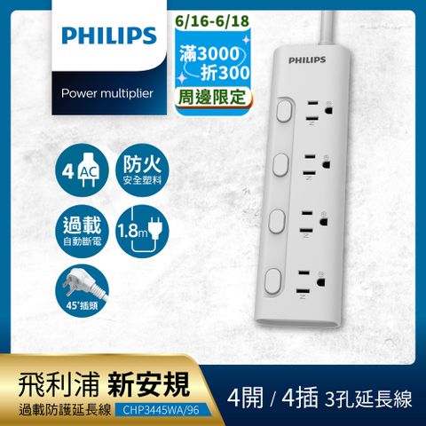 PHILIPS 飛利浦4開4插電源延長線 1.8M - CHP3445WA/96