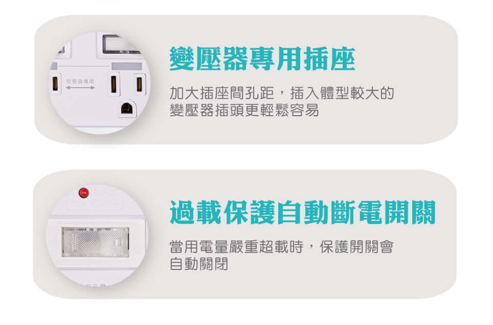 變壓器專用插座加大插座間孔距,插入體型較大的變壓器插頭更輕鬆容易過載保護自動斷電開關當用電量嚴重超載時,保護開關會自動關閉