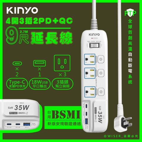 KINYO 35W氮化鎵3U電源分接器4開3插9尺電源線2.7M延長線(GIPD-353439)智慧快充2PD+QC3.0