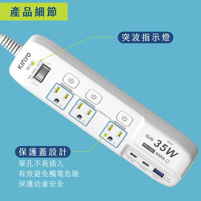 KINYO 35W氮化鎵3U電源分接器4開3插9尺電源線2.7M延長線(GIPD