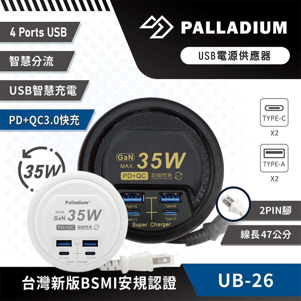 Palladium 35W氮化鎵 超級閃充轉盤收線電源供應器 USB TypeC 新安規延長線