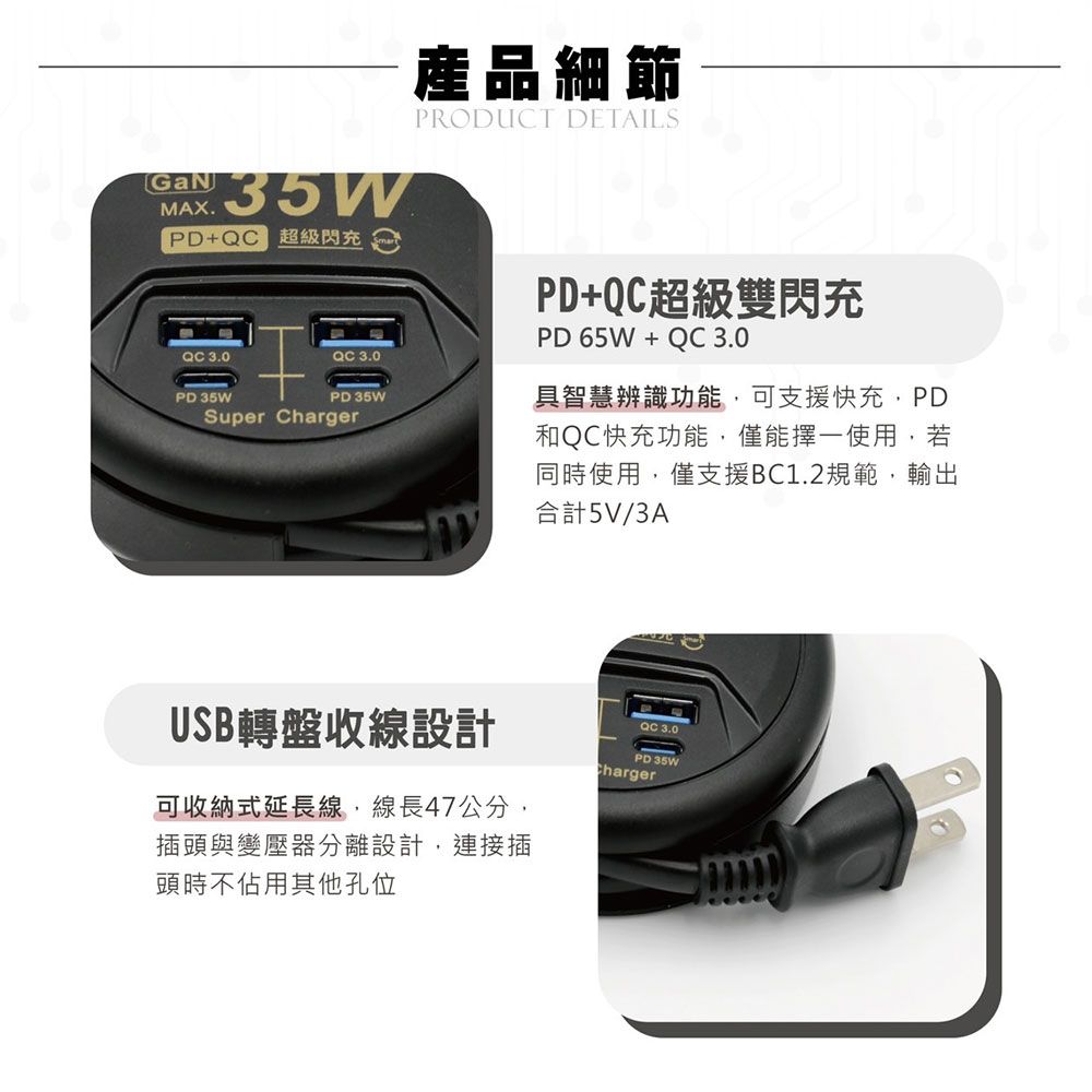 Palladium 35W氮化鎵 超級閃充轉盤收線電源供應器 USB TypeC 新安規延長線