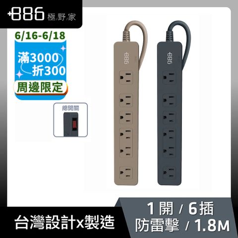 (2入組)+886 [極野家] 1開6插過載保護延長線 1.8米 HPS1160
