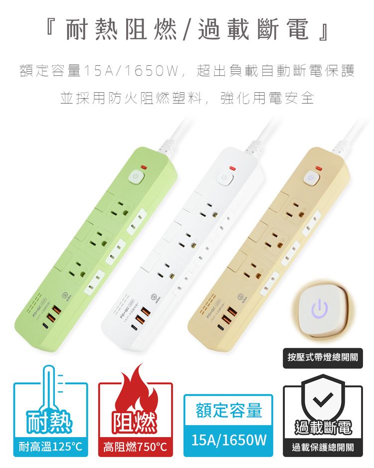 ==『耐熱阻燃/過載斷電』額定容量15A/1650, 超出負載自動斷電保護並採用防火阻燃塑料,強化用電安全 W=====按壓式帶燈總開關額定容量耐熱阻燃過載斷電15A/1650W耐高溫125高阻燃750過載保護總開關