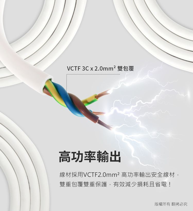 VCTF 3C  2.0mm² 雙包覆高功率輸出線材採用VCTF2.0mm² 高功率輸出安全線材雙重包覆雙重保護,有效減少損耗且省電!版權所有翻必究