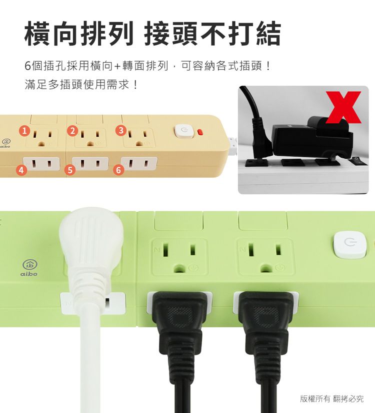 橫向排列 接頭不打結6個插孔採用橫向+轉面排列,可容納各式插頭!滿足多插頭使用需求!23456aibo版權所有翻拷必究