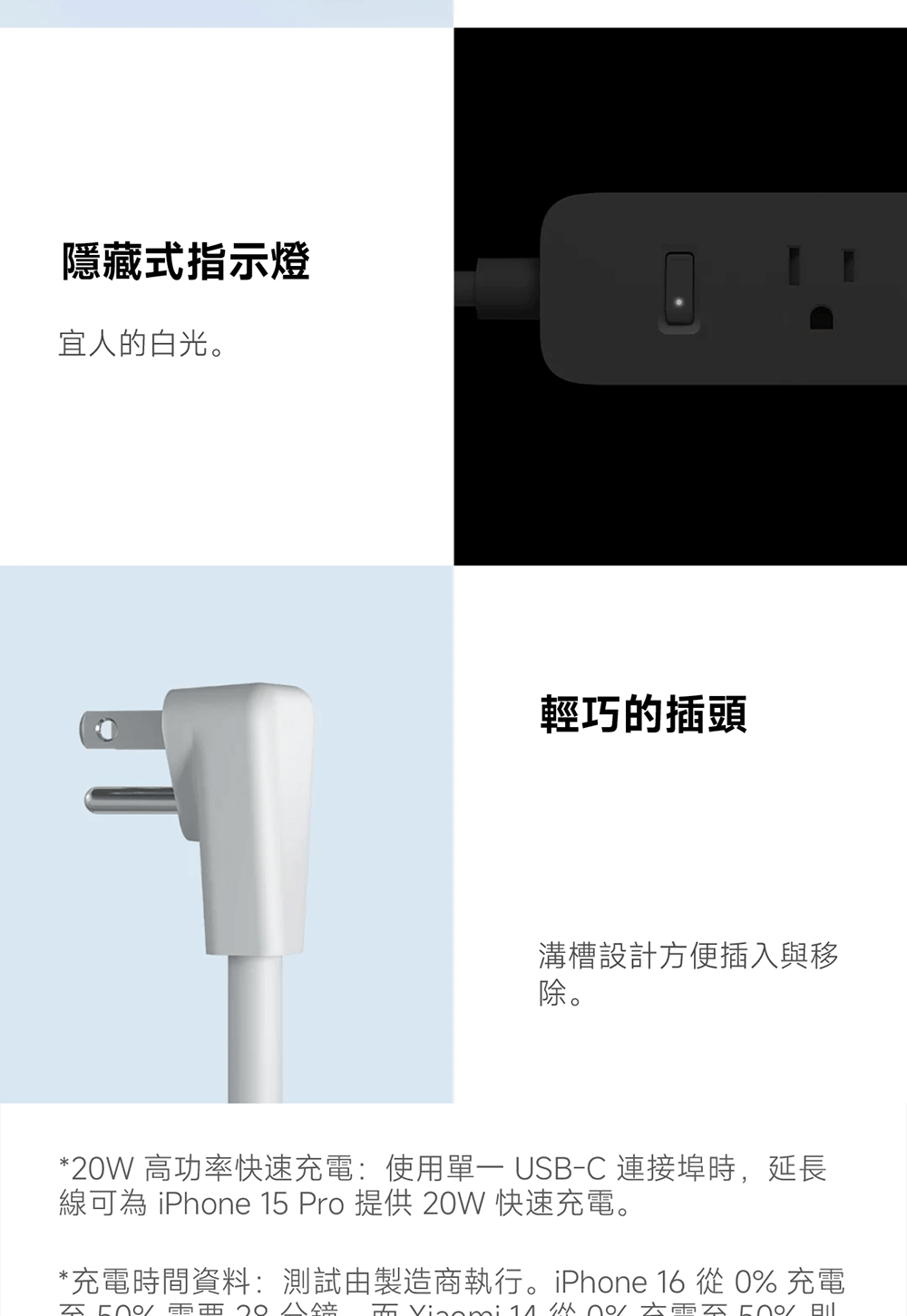 隱藏式指示燈宜人的白光。輕巧的插頭溝槽設計方便插入與移除。*W 高功率快速充:使用 USB-C 連接埠時,延長線為 iPhone 15 Pro  20W 快速充電。*充電時間資料:測試由製造商執行。iPhone 16 從 0% 充電 20  電