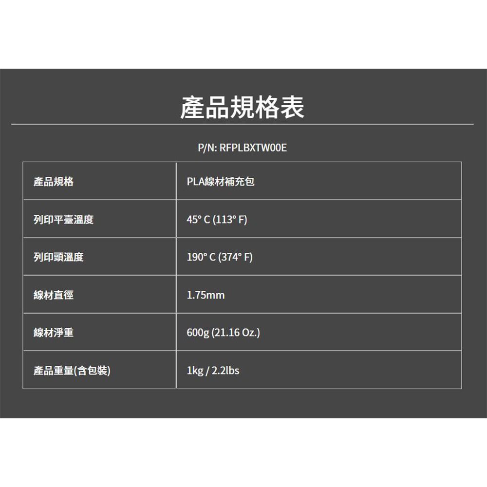 產品規格產品規格表P/N: RFPLBXTWOOEPLA線材補充包列印溫度45° C (113° F)列印頭溫度190° C (374° F)線材直徑1.75mm線材淨重產品重量(含包裝)600g (21.16 Oz.)1kg / 2.2lbs