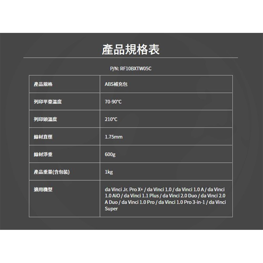 產品規格列印產品規格表P/N: RF10BXTW05ABS補充包70-90列印頭溫度210C線材直徑1.75mm線材淨重600g產品重量(含包裝)1kg適用機型da Vinci Jr. Pro X+ / da Vinci 1.0 / da Vinci 1.0A/da Vinci1.0 AiO / da Vinci 1.1 Plus / da Vinci 2.0 Duo/da Vinci 2.0A Duo / da Vinci 1.0 Pro / da Vinci 10 Pro 3-in-1 / da VinciSuper